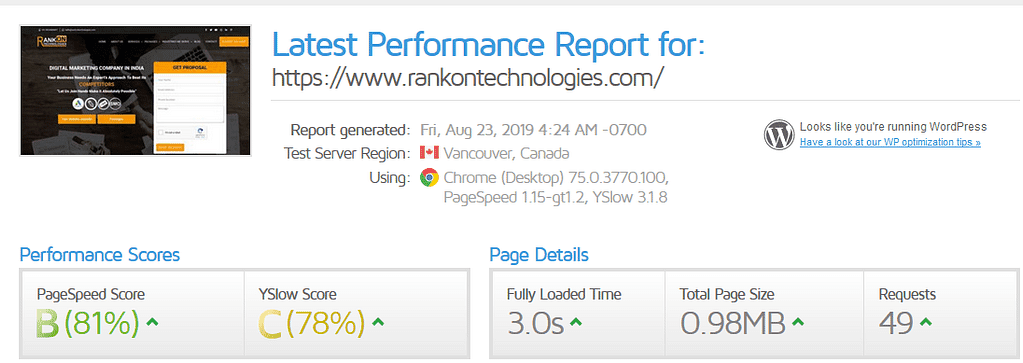 GT-Metrix loading speed test