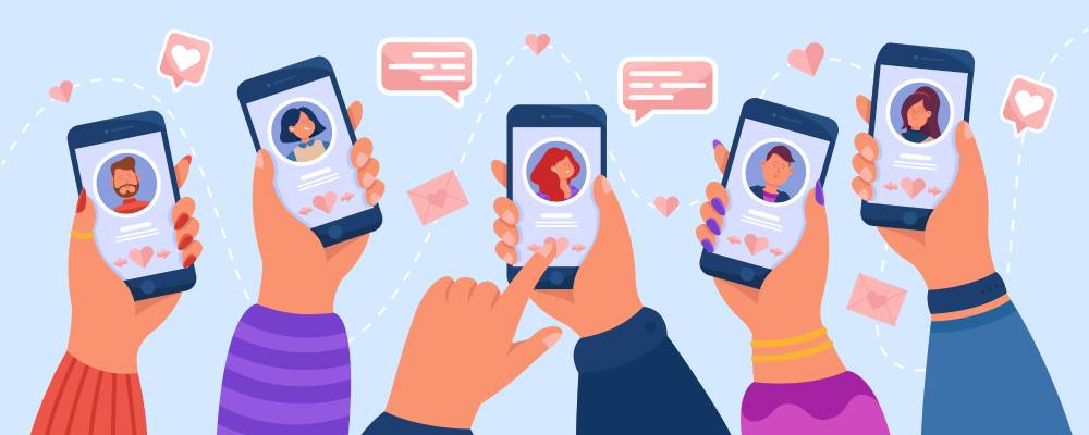 Hands of adult people using dating app