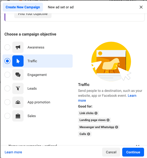 Traffic Ad Objective in facebook