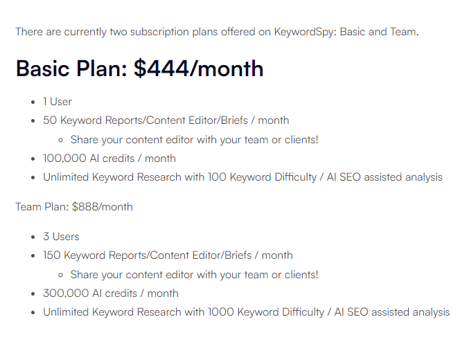 KeywordSpy Pricing Plans